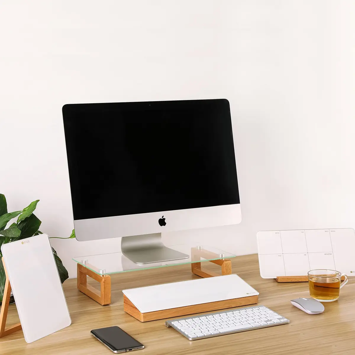 YEOUX Glass Desktop Whiteboard with Wood Organizer 35.6 x 12.3 cm (14 x 4.85 in) | Dry Erase Board for Desk Accessories - view 7