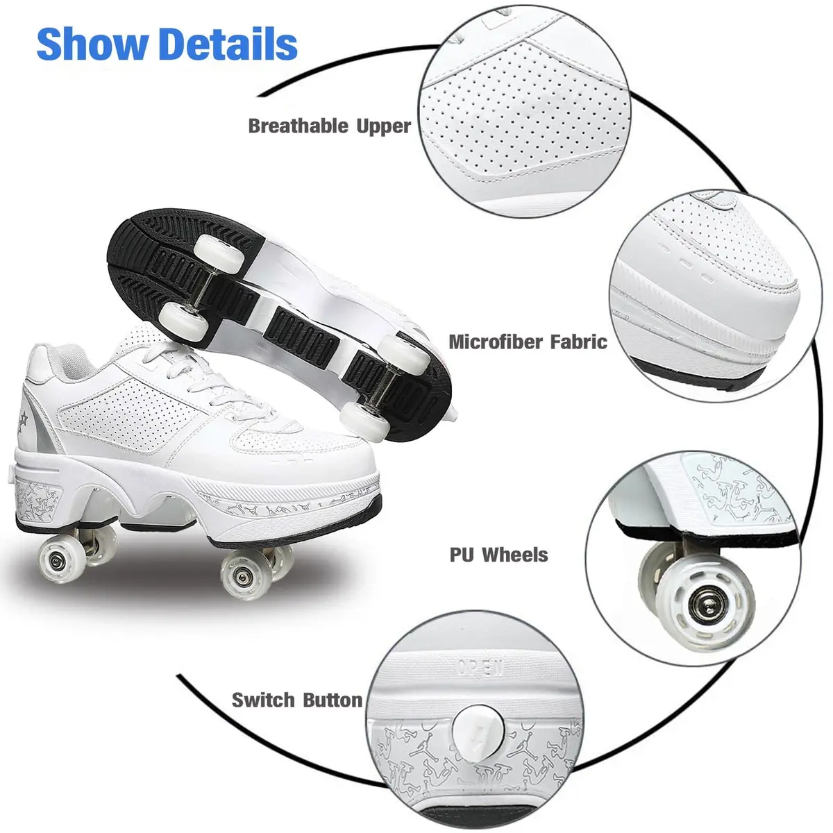 Deformation Roller Skates White Silver | 2-in-1 Outdoor Deformed Shoes with Wheels (US 5.5) - view 6