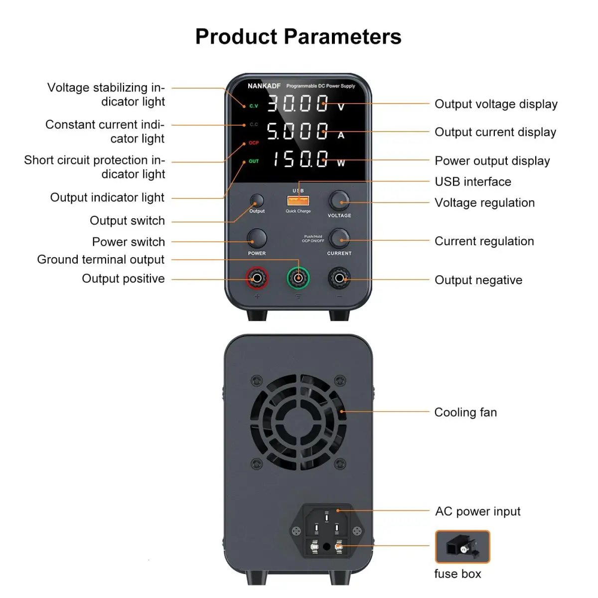 NANKADF 30V 5A Black Bench Power Supply | Precise Encoder Knob & USB Fast Charging - view 7