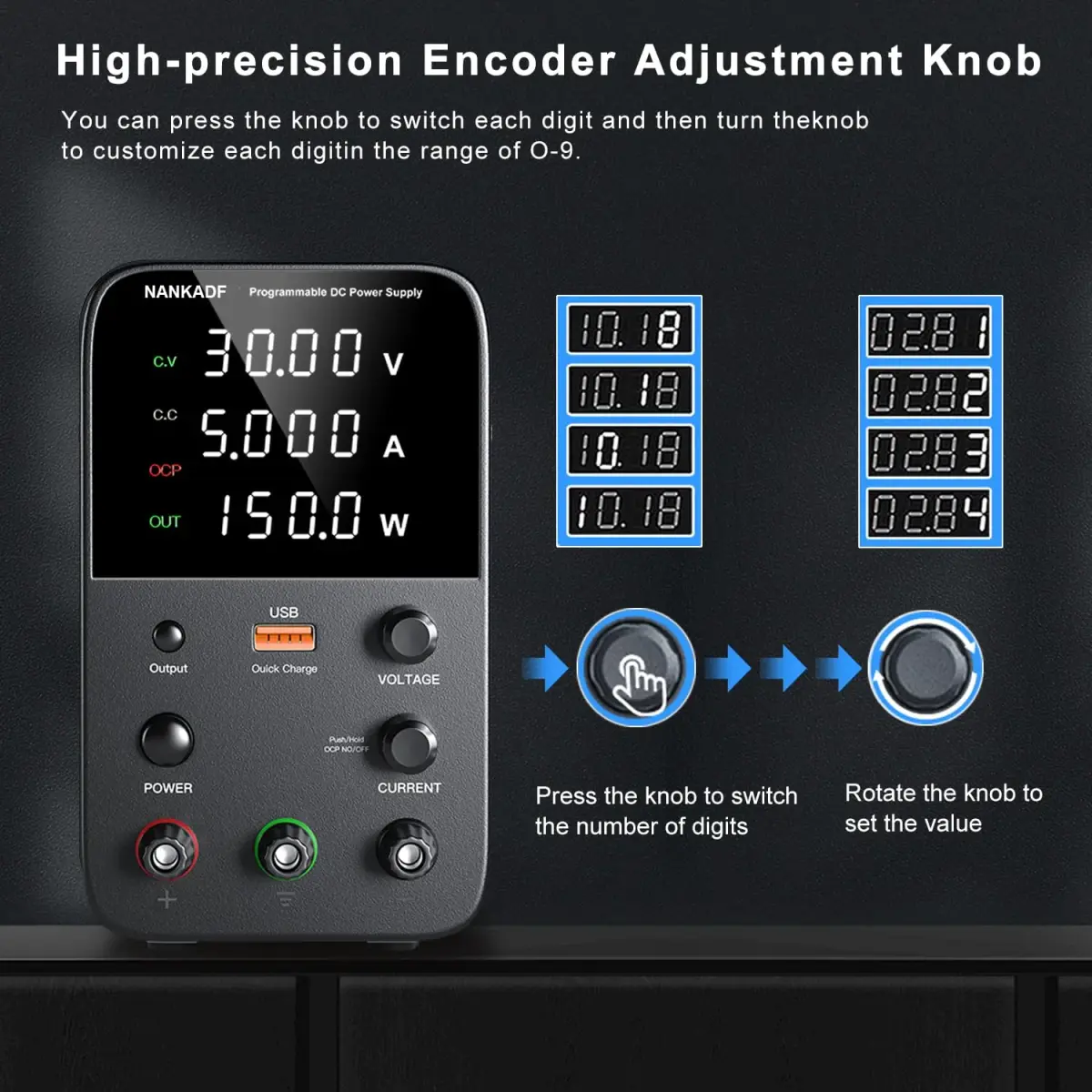 NANKADF 30V 5A Black Bench Power Supply | Precise Encoder Knob & USB Fast Charging - view 3