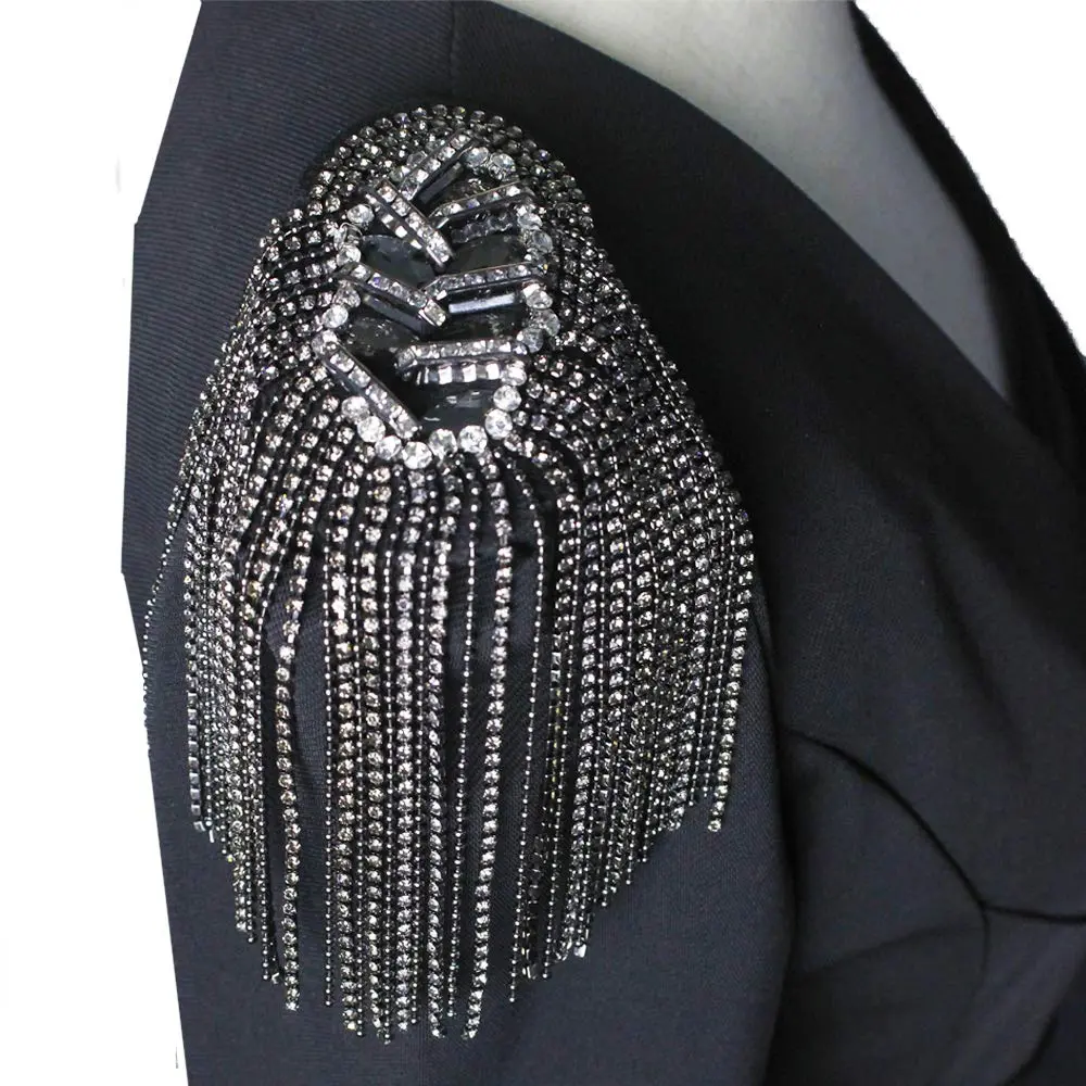 SXMFFHCG Beaded Crystal Shoulder Patches Motifs Fringe Tassel Epaulets Shoulder Brooches 2 Pieces (Black) - main product image