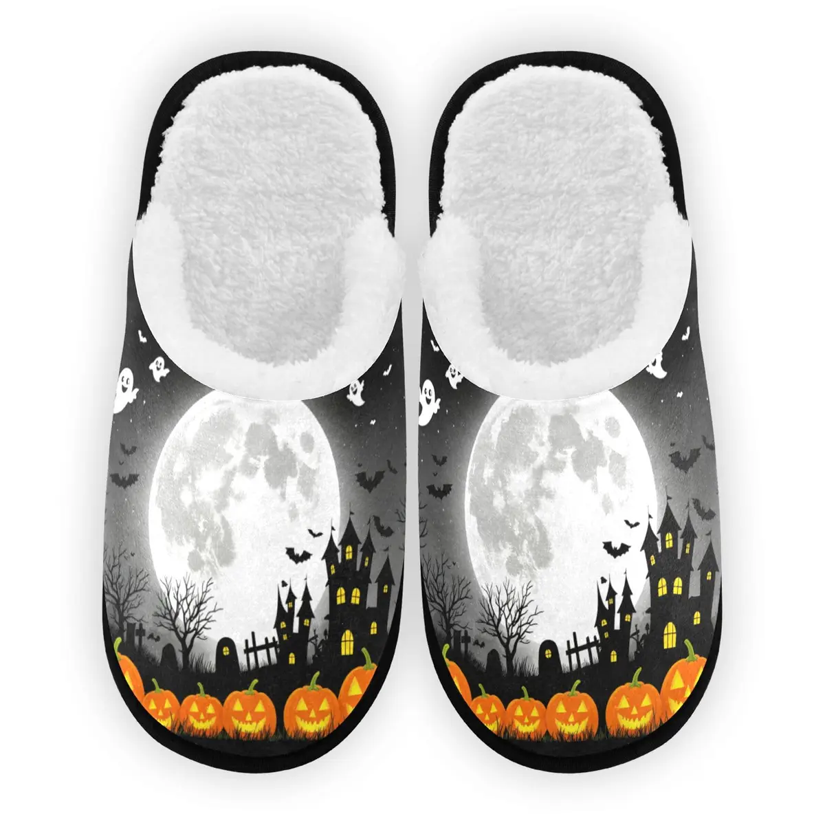 Dussdil Halloween Pupkins Bats Ghosts Slippers | Memory Foam, Non Slip, Haunted House Design (70-120 chars) - main product image
