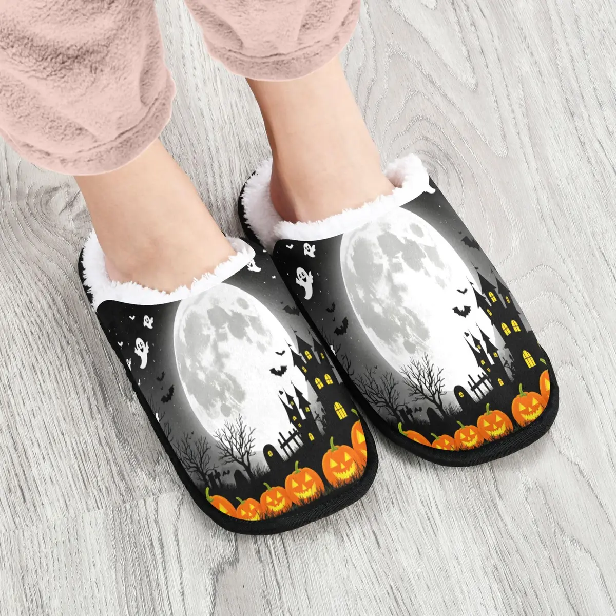 Dussdil Halloween Pupkins Bats Ghosts Slippers | Memory Foam, Non Slip, Haunted House Design (70-120 chars) - view 2