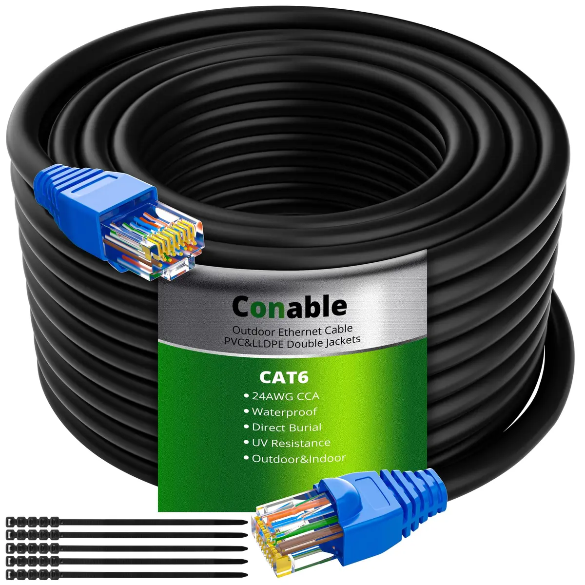Conable Cat 6 Outdoor Ethernet Cable 250 Feet | UV Resistant, High-Speed 10Gbps, 550MHz Bandwidth - main product image