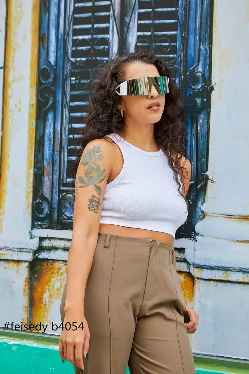 FEISEDY Futuristic Cyclops Visor Sunglasses White Frame/Sliver Mirror Lens | UV Protection - view 2