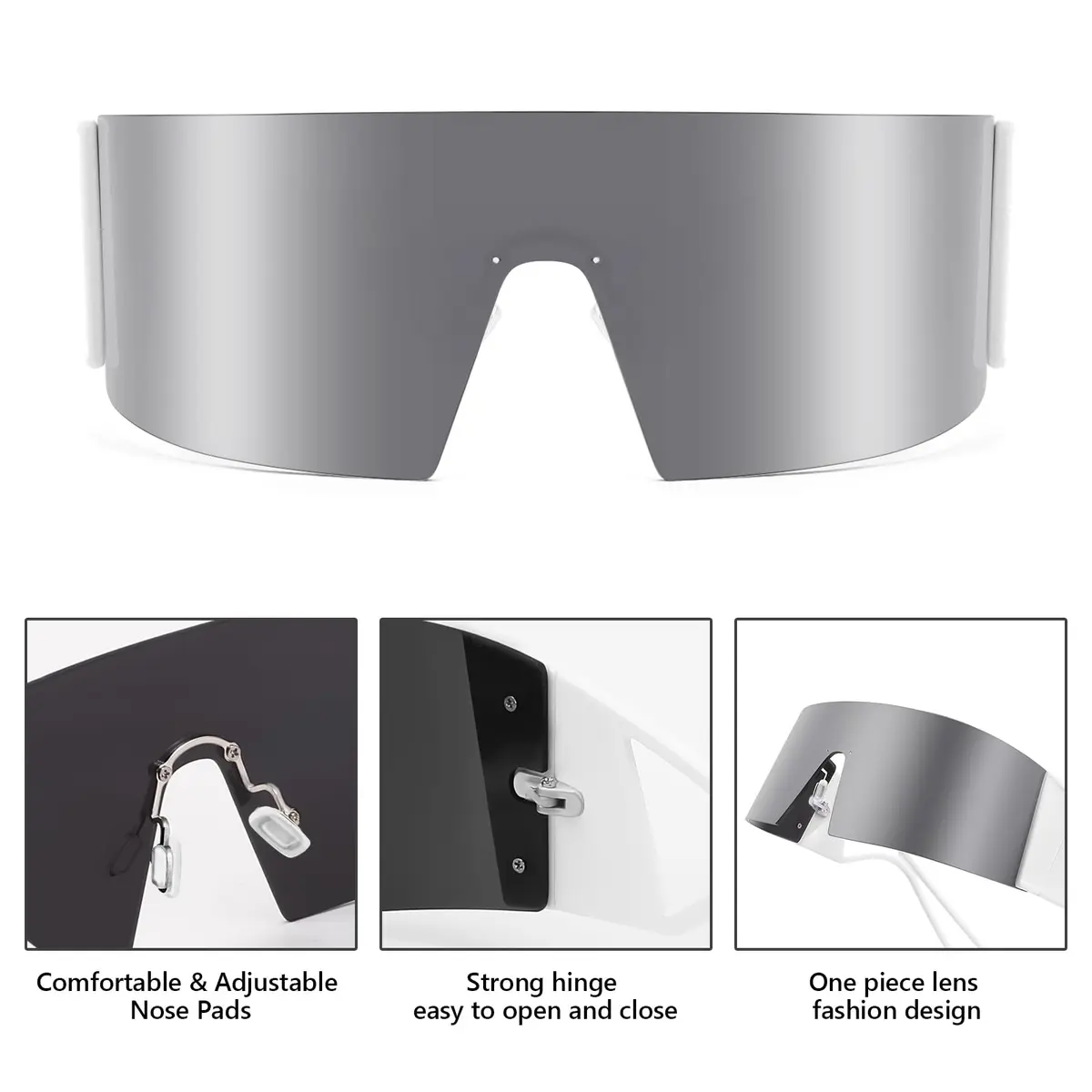 FEISEDY Futuristic Cyclops Visor Sunglasses White Frame/Sliver Mirror Lens | UV Protection - view 4