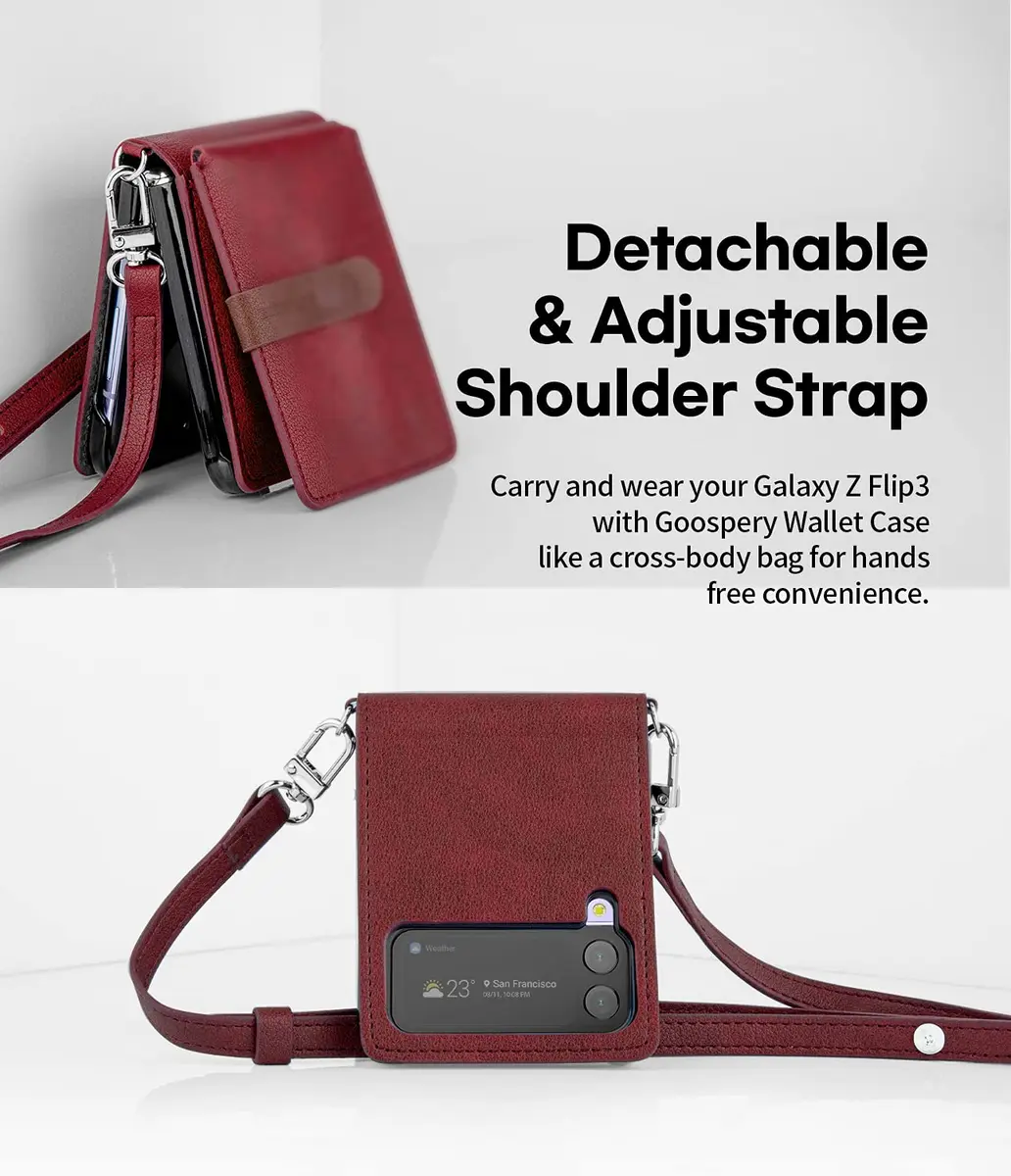 GOOSPERY Detachable Wallet Case for Samsung Galaxy Z Flip 3, Burgundy | 2 Card Pocket, Cross-Body Strap, Earbud Holder - view 5