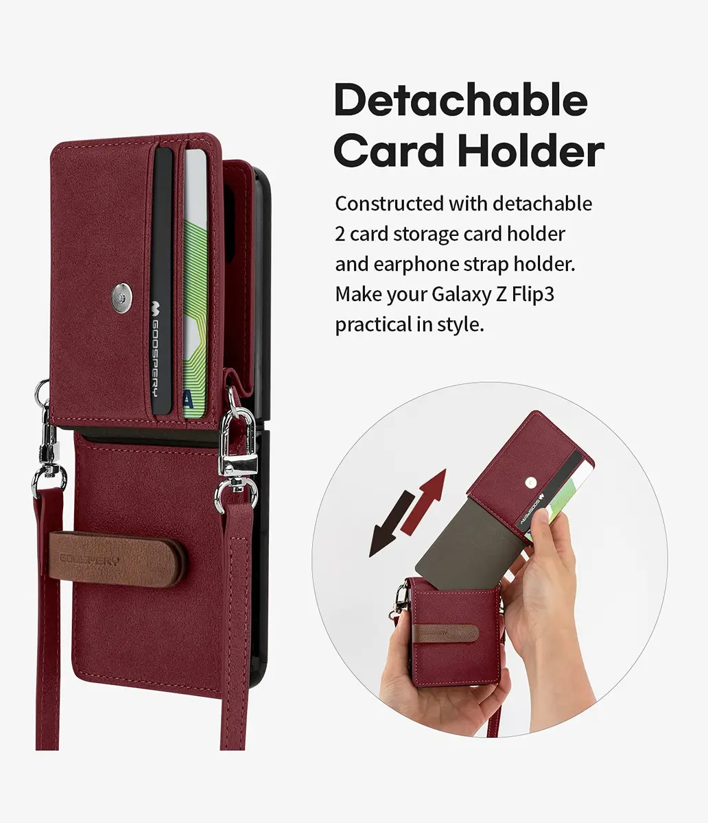 GOOSPERY Detachable Wallet Case for Samsung Galaxy Z Flip 3, Burgundy | 2 Card Pocket, Cross-Body Strap, Earbud Holder - view 3