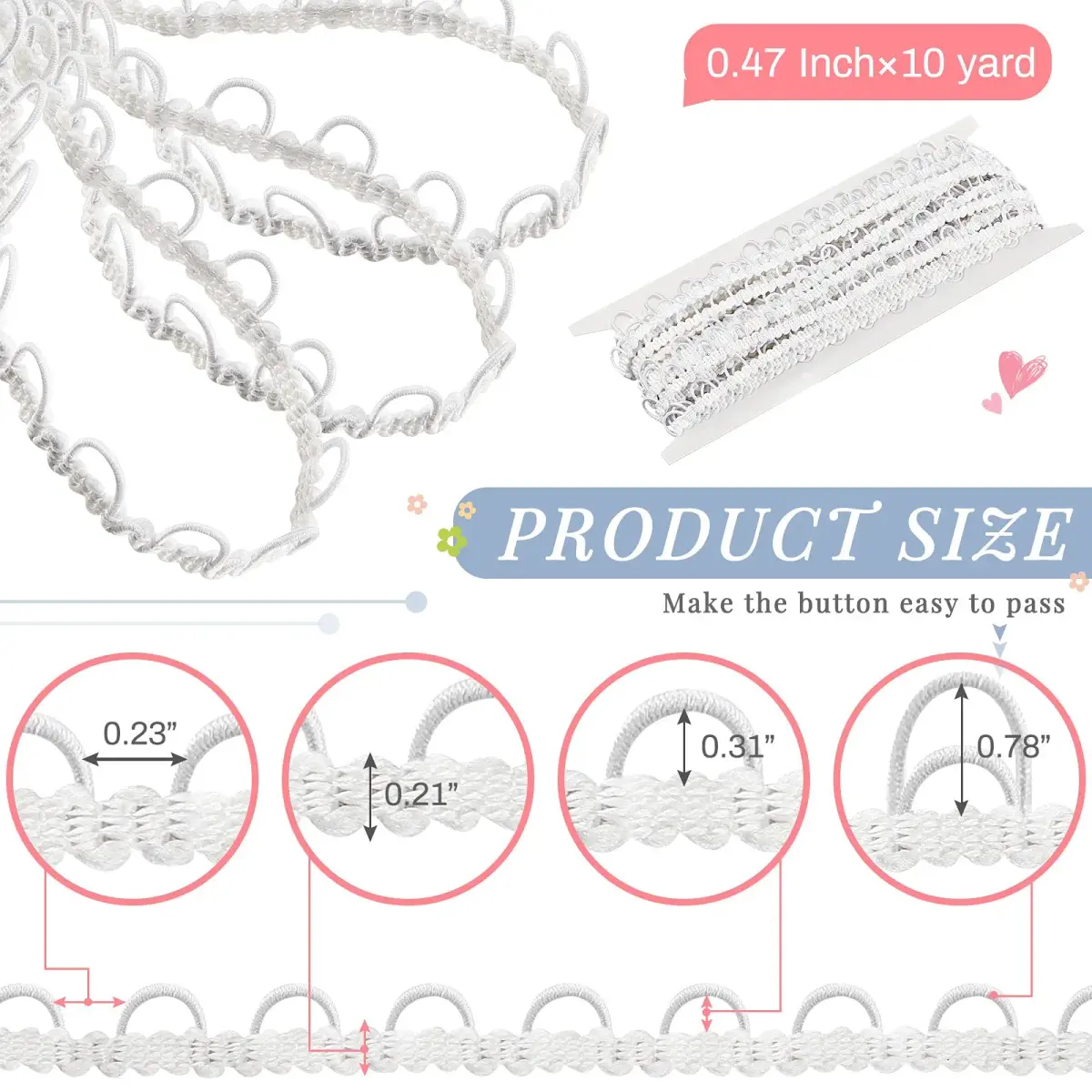 WILLBOND White Gimp Braid Trim with Elastic Button Loop 10 Yards | Sewing & Upholstery Embellishment - view 2