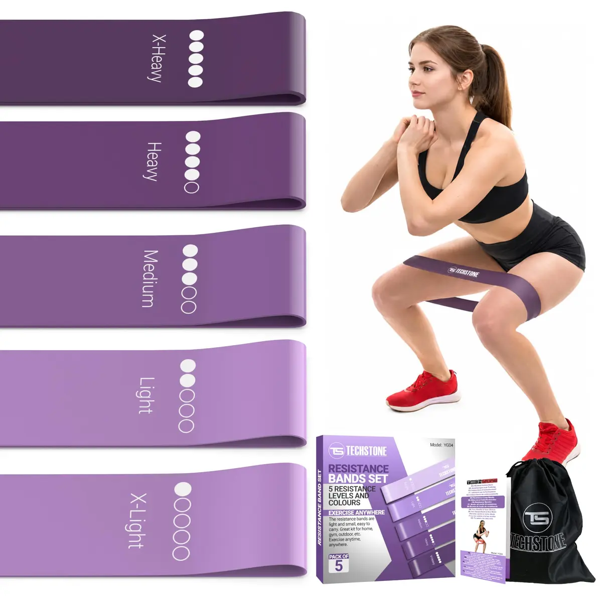 TechStone Resistance Bands Set – 5 Levels Loop Exercise Bands for Men & Women, Elastic Workout Bands for Home Gym, Training, Yoga & Fitness, Carry Bag Included (Purple) - main product image
