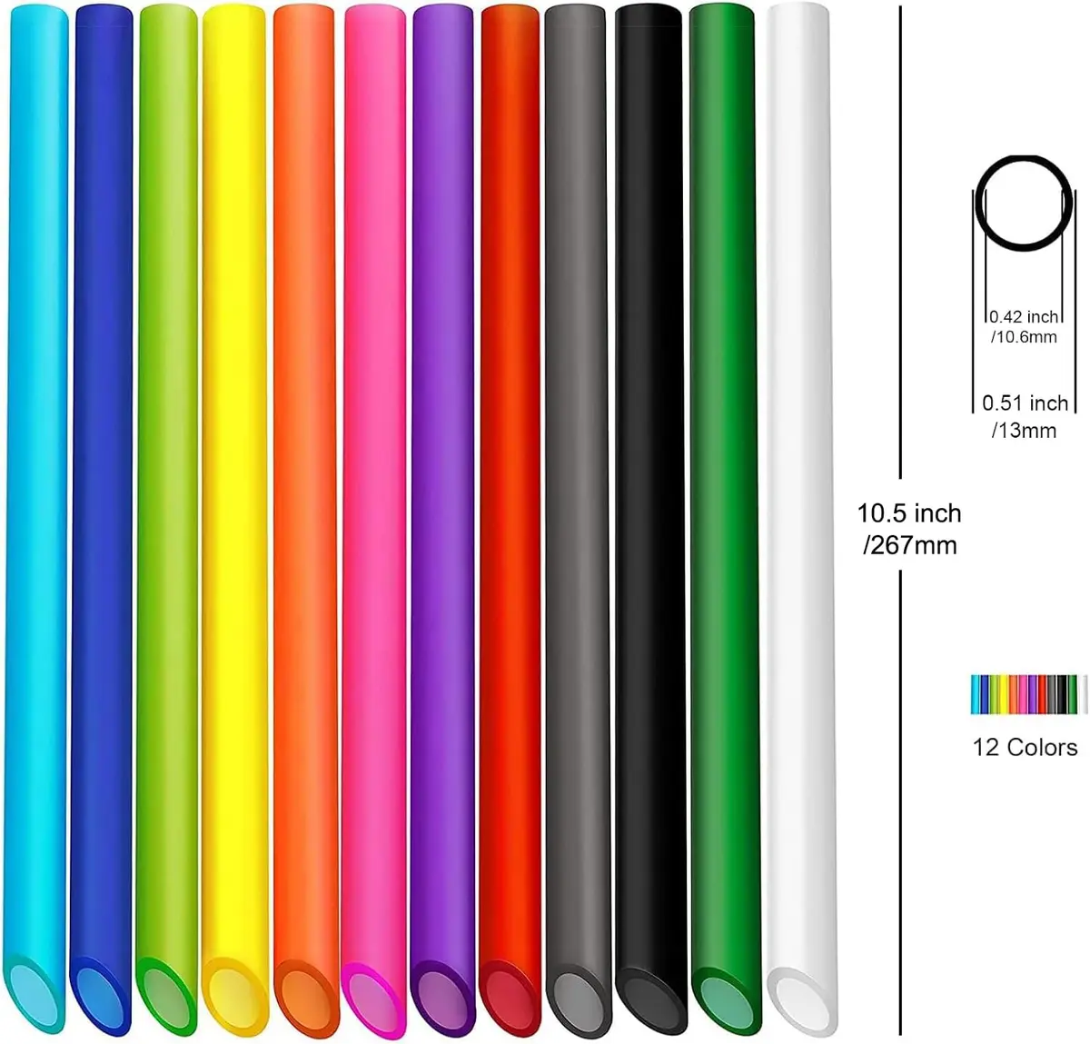 ALINK Reusable Boba Straws 10.5 Inch 13mm Wide 12 Pack | Angled Tips & 2 Cleaning Brushes - view 2
