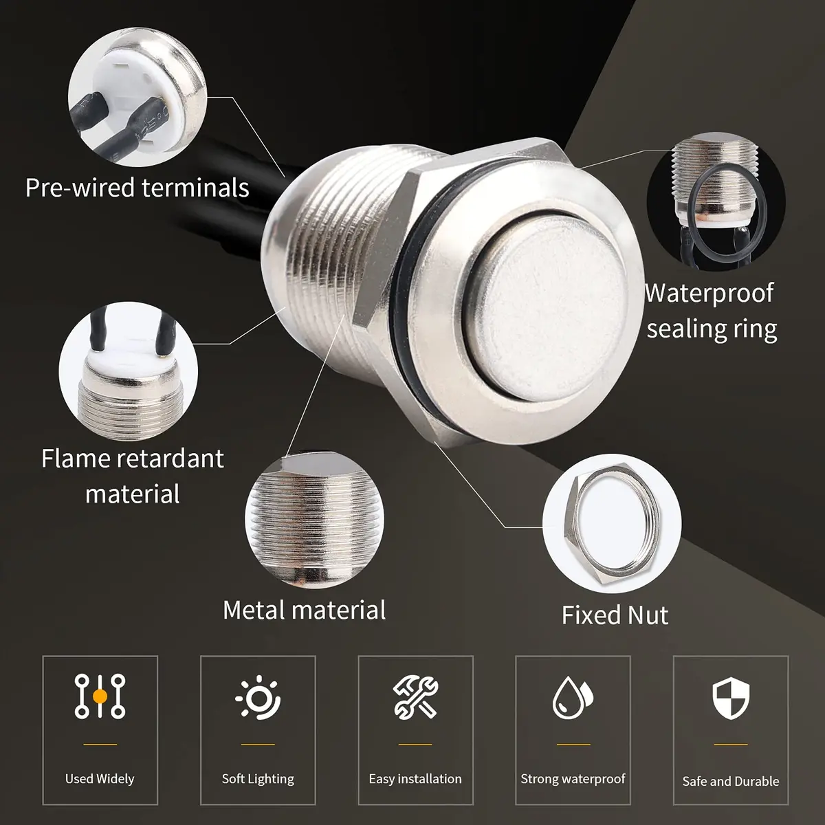STARELO 5pcs 12mm Momentary Push Button Switch Silver Shell Waterproof 2A/12V DC | IP65 Stainless Steel - view 5