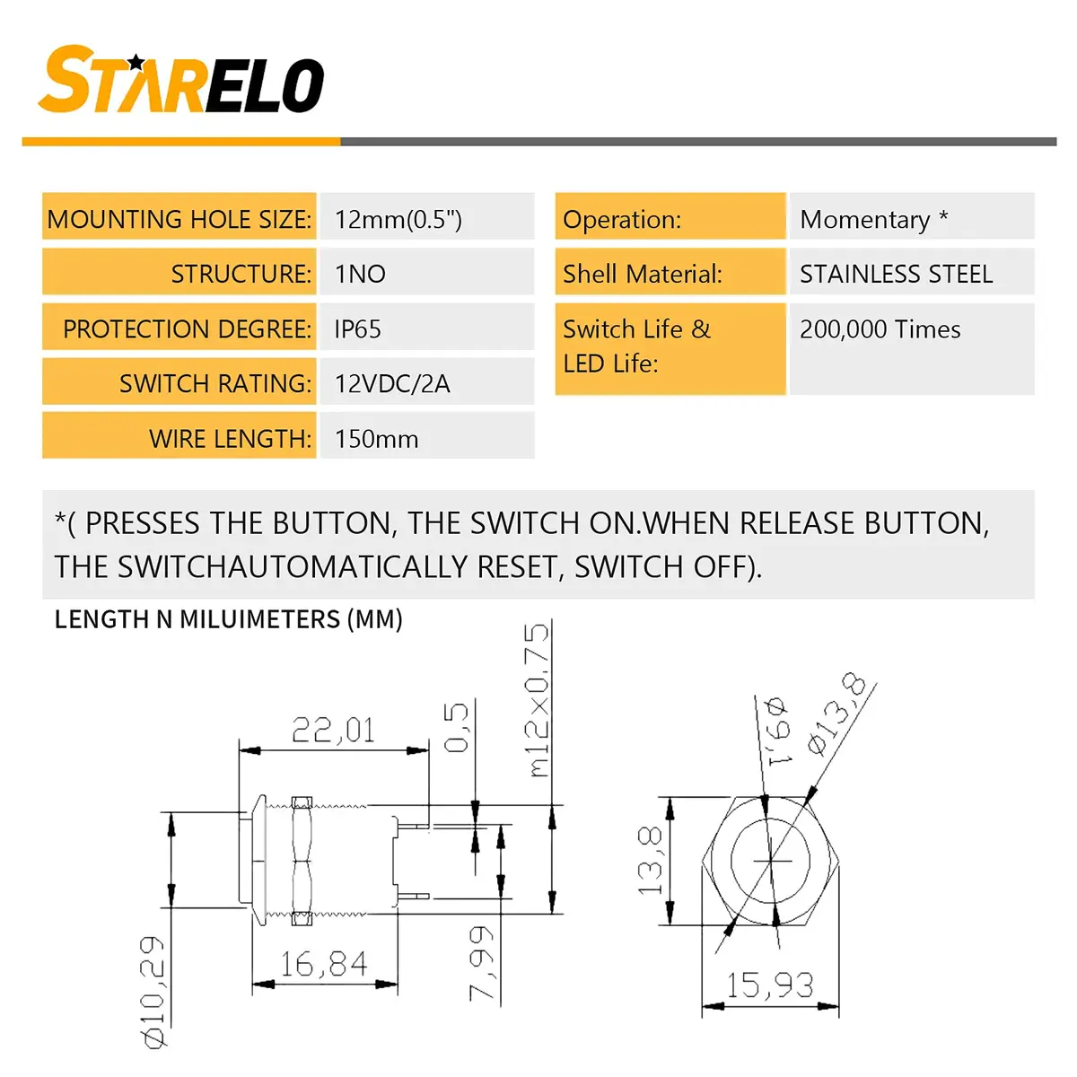 STARELO 5pcs 12mm Momentary Push Button Switch Silver Shell Waterproof 2A/12V DC | IP65 Stainless Steel - view 3
