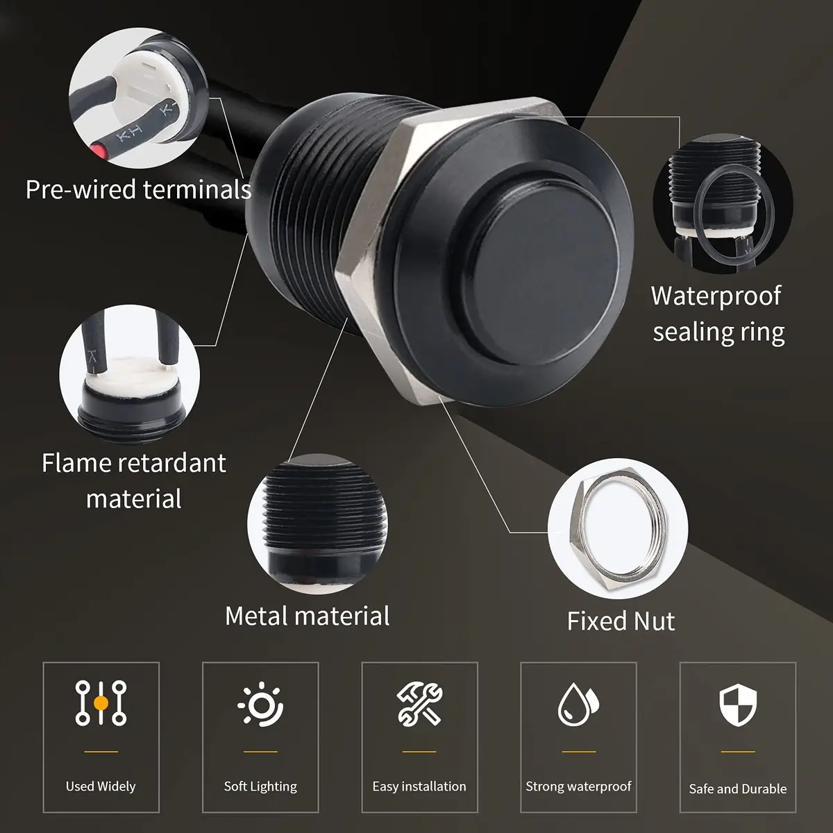 STARELO 5pcs 12mm Momentary Push Button Switch Black Shell | IP65 Waterproof, Aluminum Alloy, 2A/12V DC - view 5