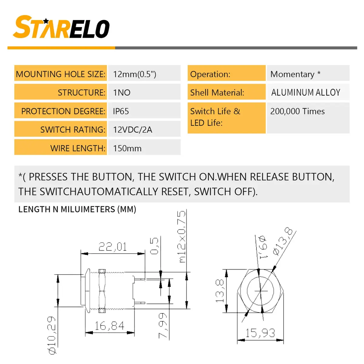 STARELO 5pcs 12mm Momentary Push Button Switch Black Shell | IP65 Waterproof, Aluminum Alloy, 2A/12V DC - view 3