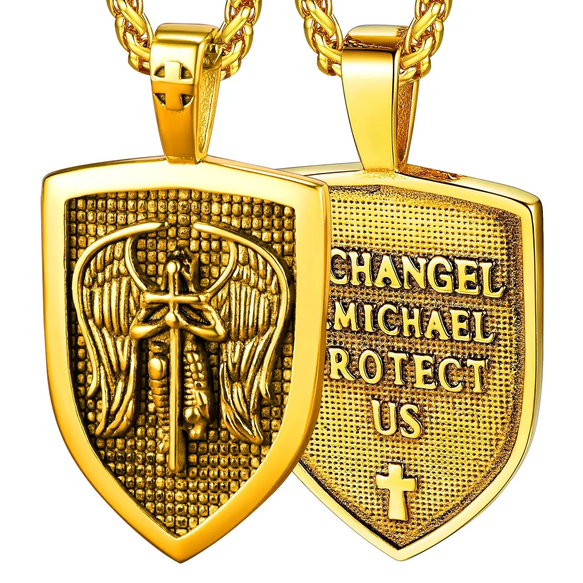 FaithHeart Saint Michael Pendant Necklace for Men, Gold Stainless Steel, 22"+2" Wheat Chain | Archangel Protection Amulet - main product image