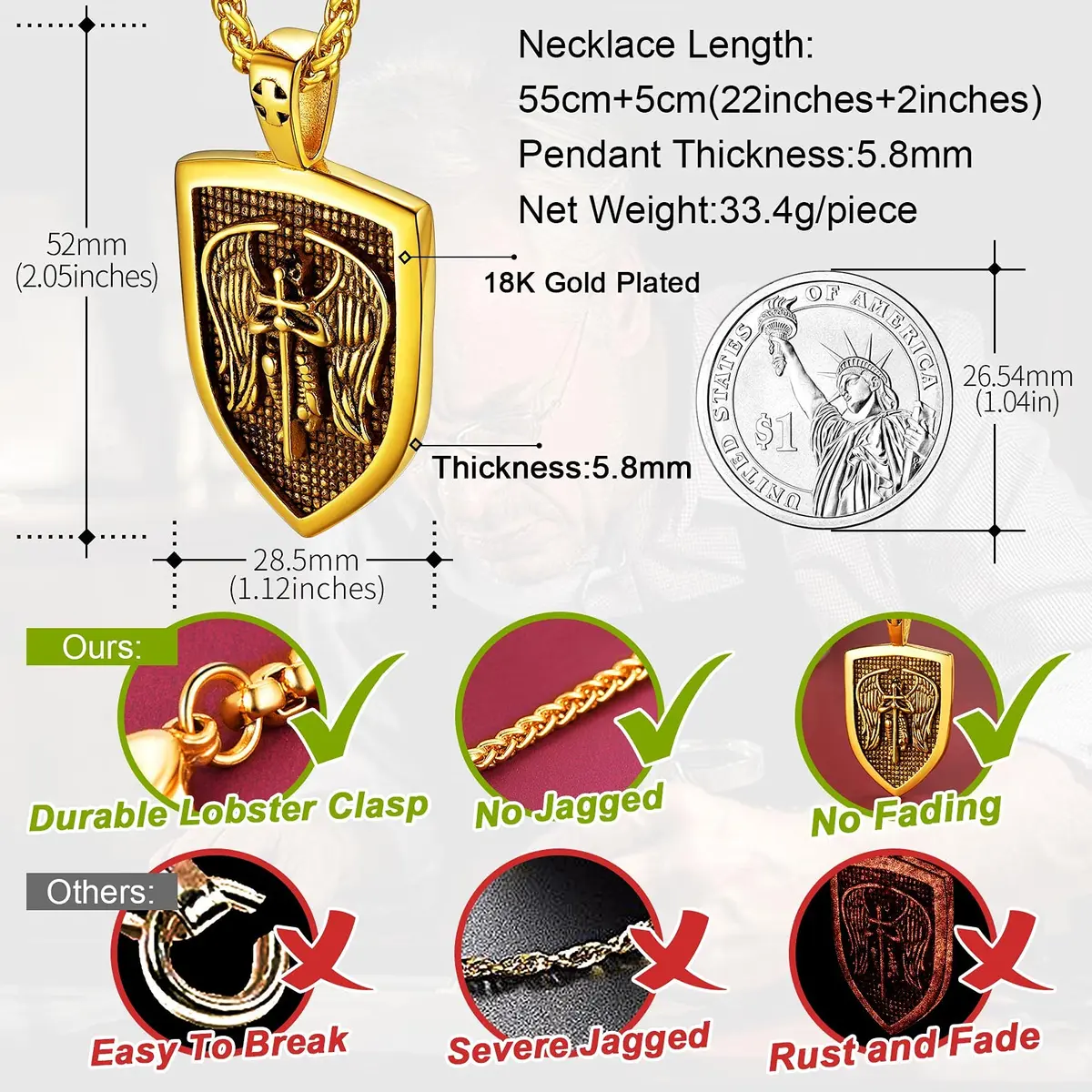 FaithHeart Saint Michael Pendant Necklace for Men, Gold Stainless Steel, 22"+2" Wheat Chain | Archangel Protection Amulet - view 5