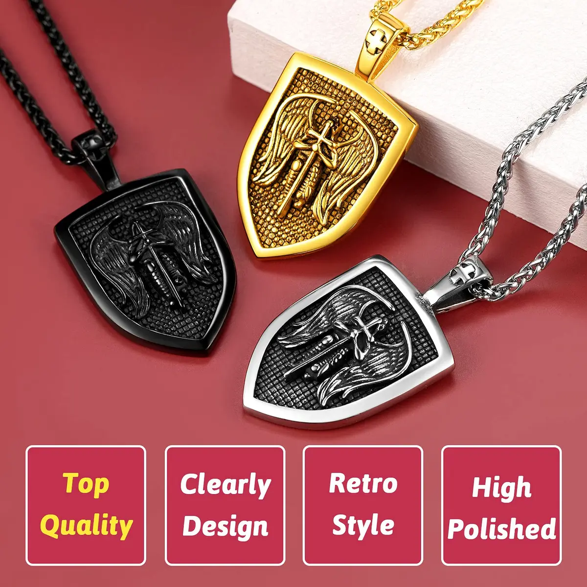 FaithHeart Saint Michael Pendant Necklace for Men, Gold Stainless Steel, 22"+2" Wheat Chain | Archangel Protection Amulet - view 6