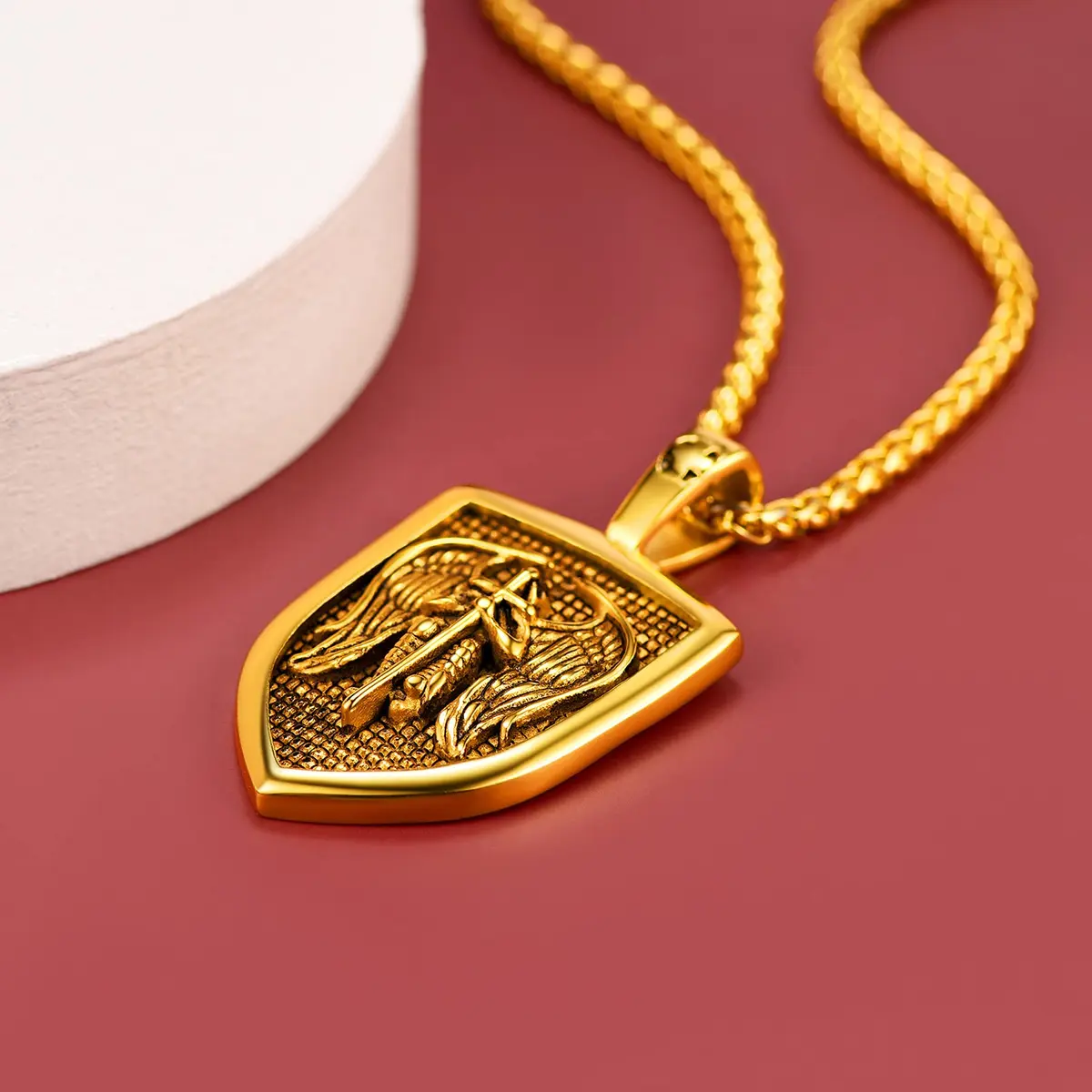 FaithHeart Saint Michael Pendant Necklace for Men, Gold Stainless Steel, 22"+2" Wheat Chain | Archangel Protection Amulet - view 8
