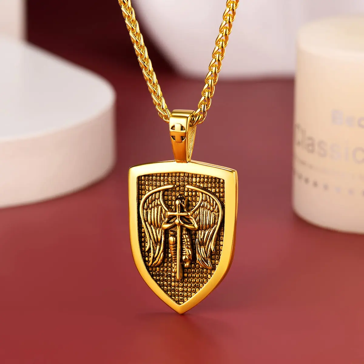 FaithHeart Saint Michael Pendant Necklace for Men, Gold Stainless Steel, 22"+2" Wheat Chain | Archangel Protection Amulet - view 9