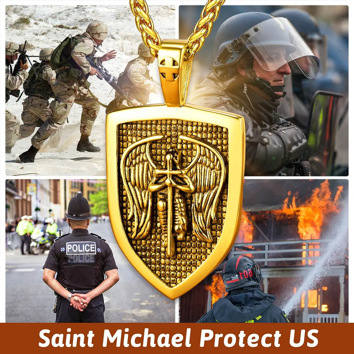FaithHeart Saint Michael Pendant Necklace for Men, Gold Stainless Steel, 22"+2" Wheat Chain | Archangel Protection Amulet - view 2