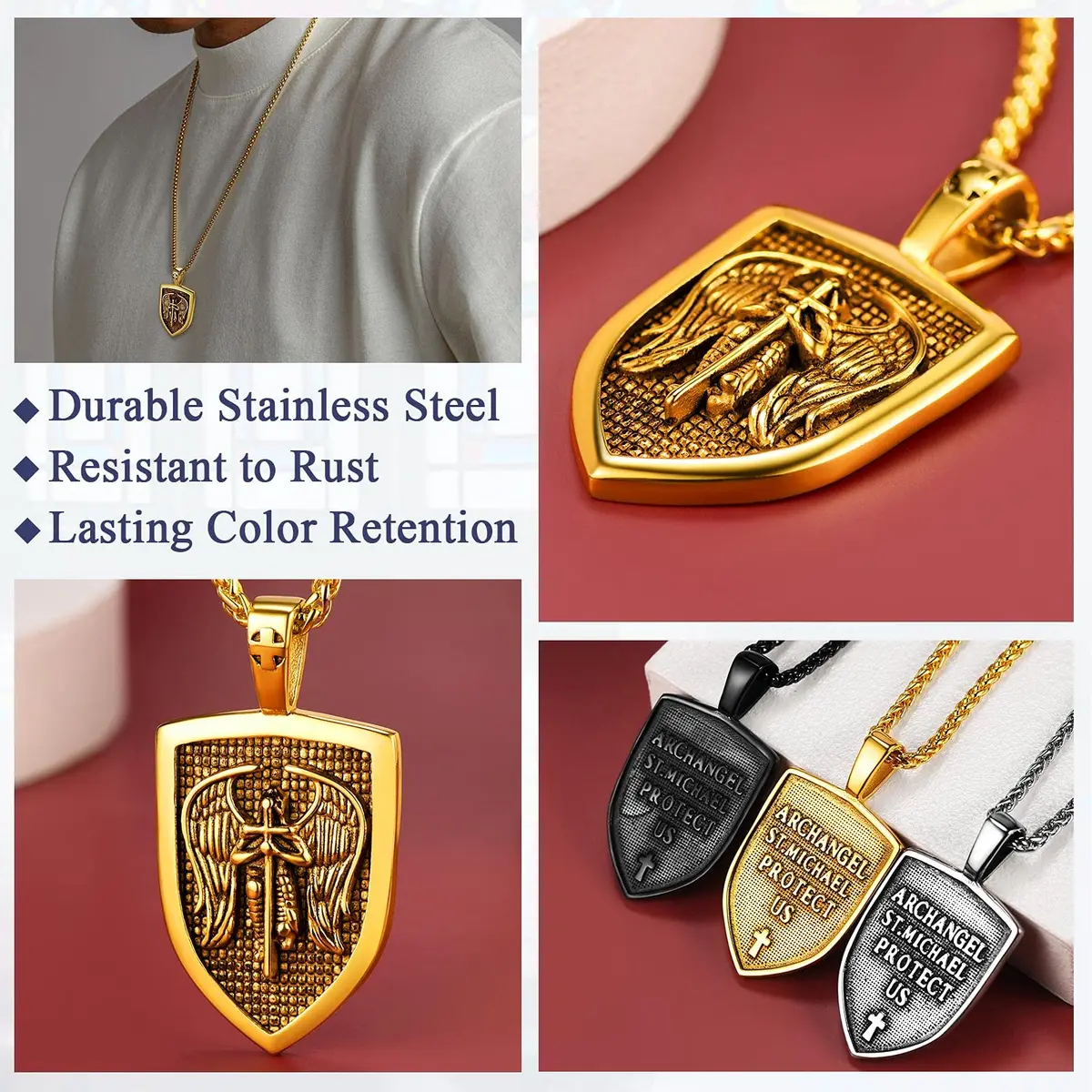 FaithHeart Saint Michael Pendant Necklace for Men, Gold Stainless Steel, 22"+2" Wheat Chain | Archangel Protection Amulet - view 3