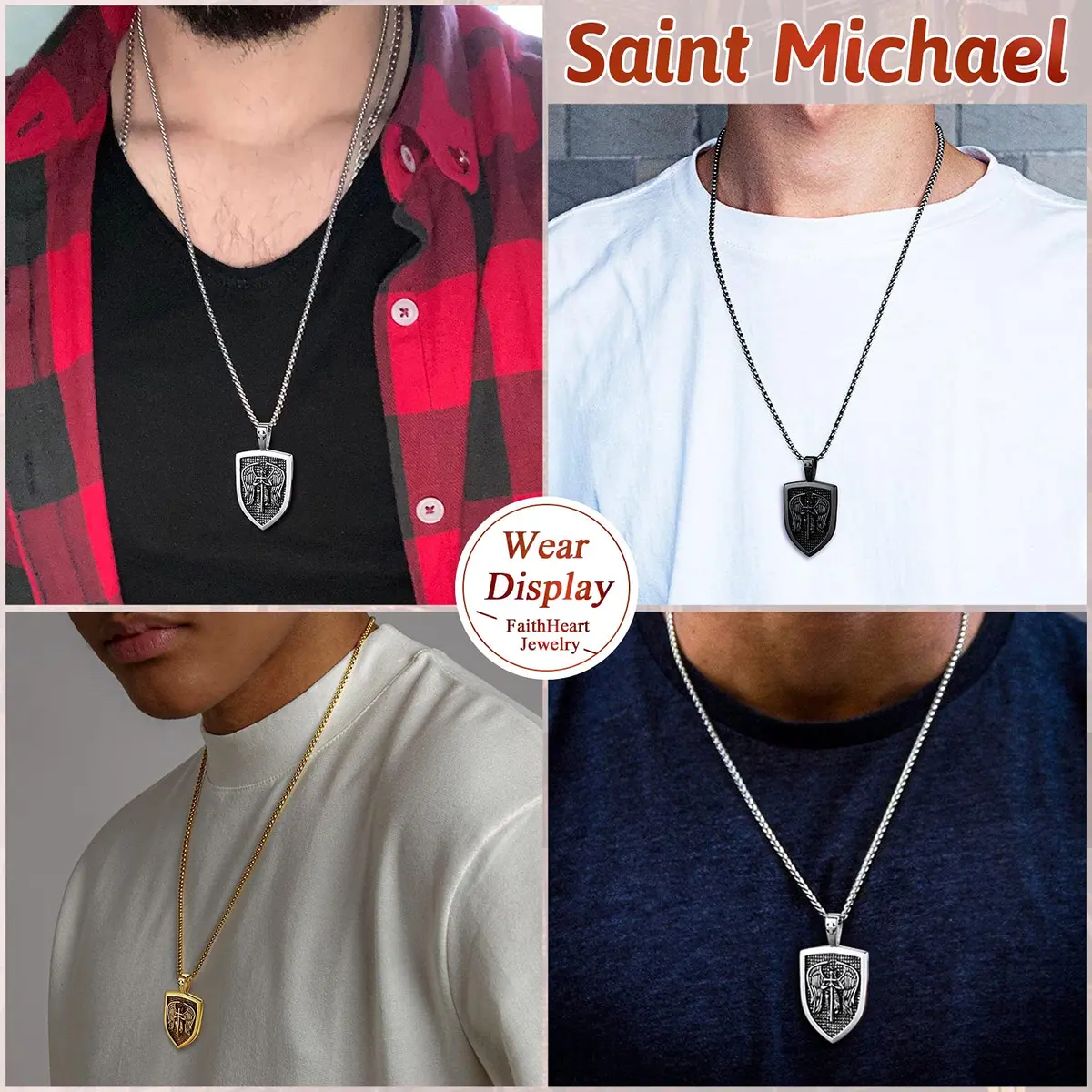 FaithHeart Saint Michael Pendant Necklace for Men, Gold Stainless Steel, 22"+2" Wheat Chain | Archangel Protection Amulet - view 4