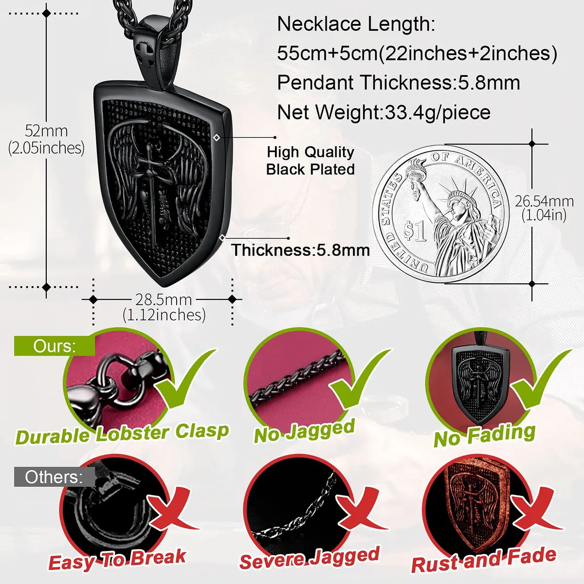 FaithHeart Saint Michael Pendant Necklace for Men, 55+5 CM (22+2 Inches) Wheat Chain | Archangel Protection Amulet - view 5