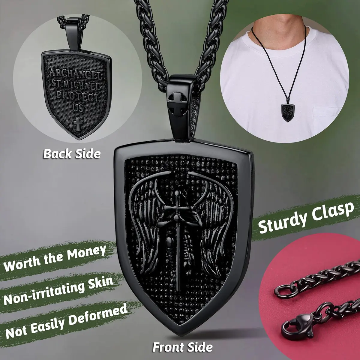 FaithHeart Saint Michael Pendant Necklace for Men, 55+5 CM (22+2 Inches) Wheat Chain | Archangel Protection Amulet - view 2