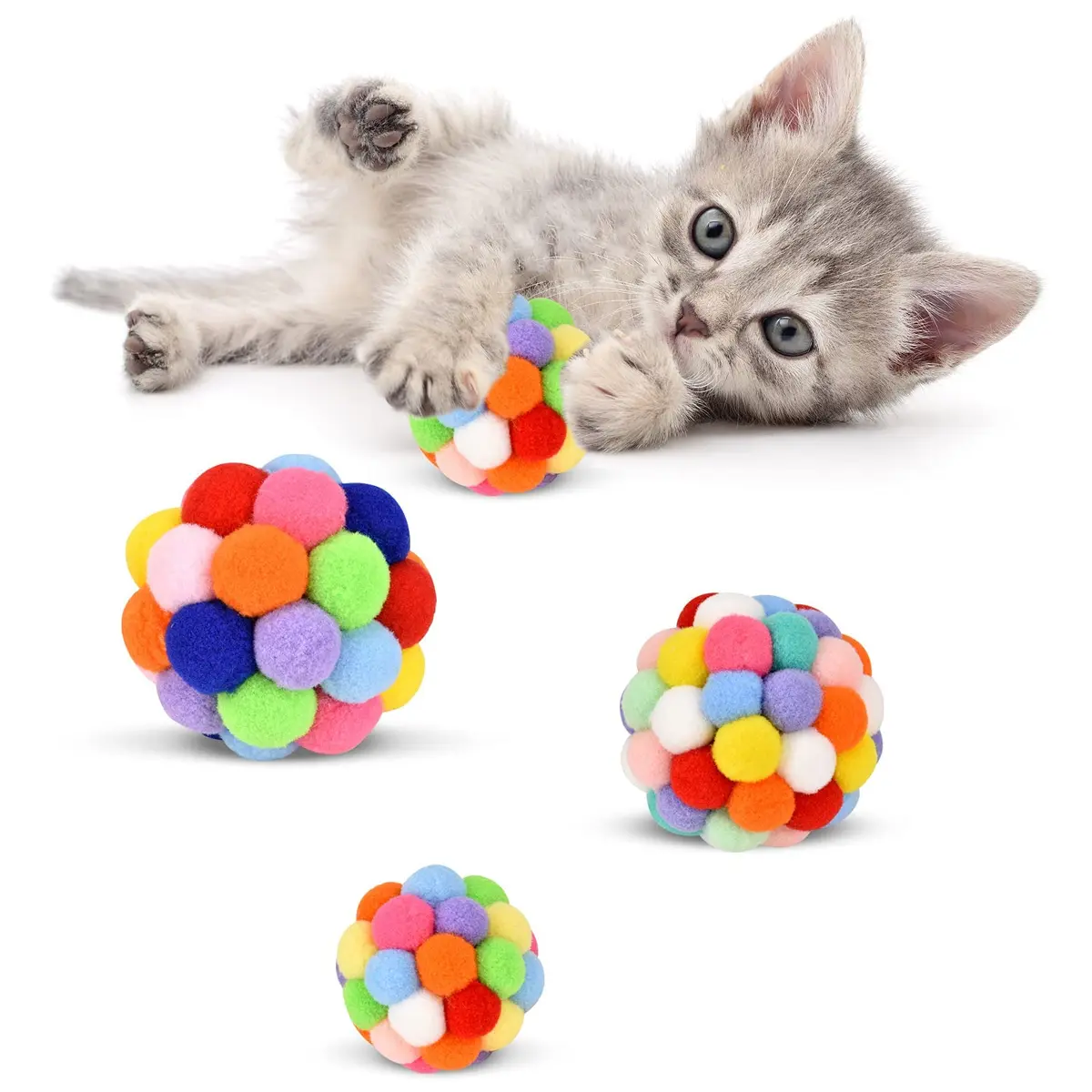 TUSATIY Cat Toy Balls with Bell 3PCS | Colorful Soft Fuzzy Balls for Indoor Cats & Kittens - main product image