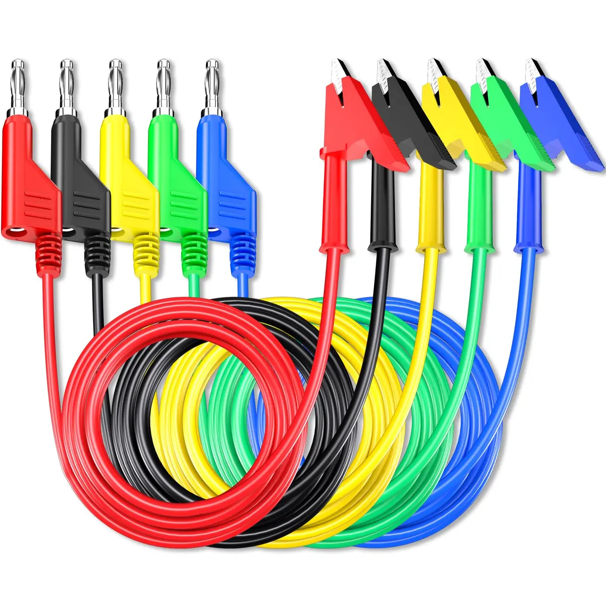 Goupchn 5PCS Test Leads 2m (6.56ft) | 1000V 15A Stackable Banana Plug to Alligator Clip Set - main product image