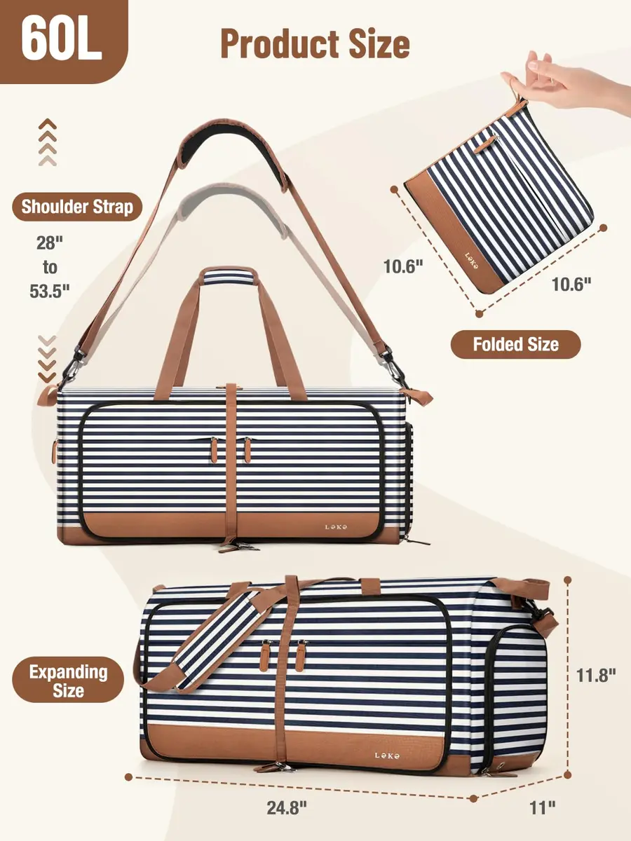 Lekesky Foldable Travel Duffle Bag 60L Blue Stripes | Large Capacity, Water-Resistant, Lightweight & Multi-Purpose - view 3