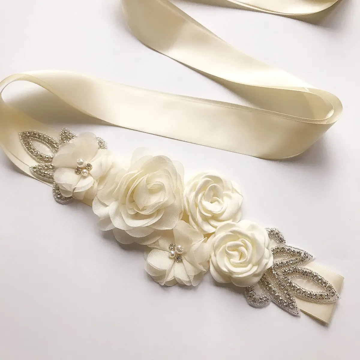 Huralona Wedding Sash Belt Satin Ribbon with Flowers Pearls Rhinestone | Elegant Bridal Accessory for Women - view 5