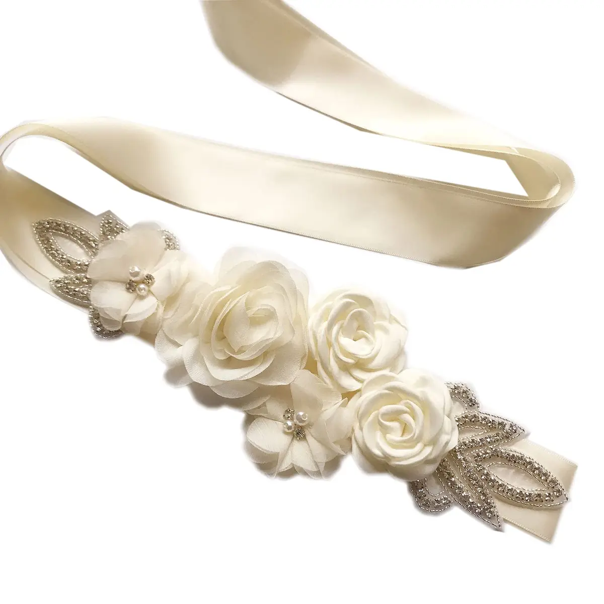 Huralona Wedding Sash Belt Satin Ribbon with Flowers Pearls Rhinestone | Elegant Bridal Accessory for Women - main product image