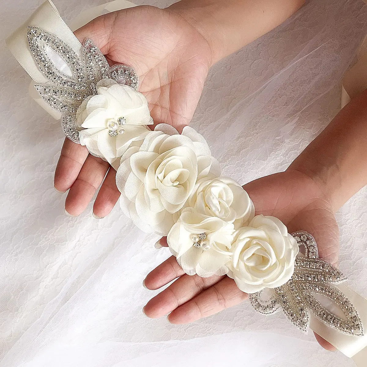 Huralona Wedding Sash Belt Satin Ribbon with Flowers Pearls Rhinestone | Elegant Bridal Accessory for Women - view 2
