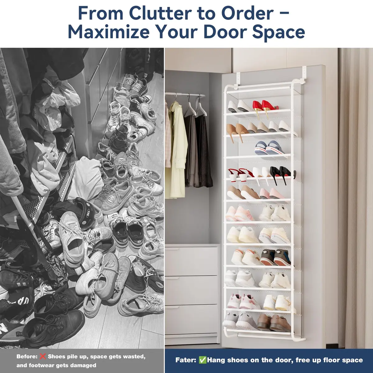 Whitmor 12-Tier Over The Door Shoe Organizer, 74" H x 21.7" W x 7.5" D | Holds 36 Pairs, Metal & Mesh Shoe Rack - view 6
