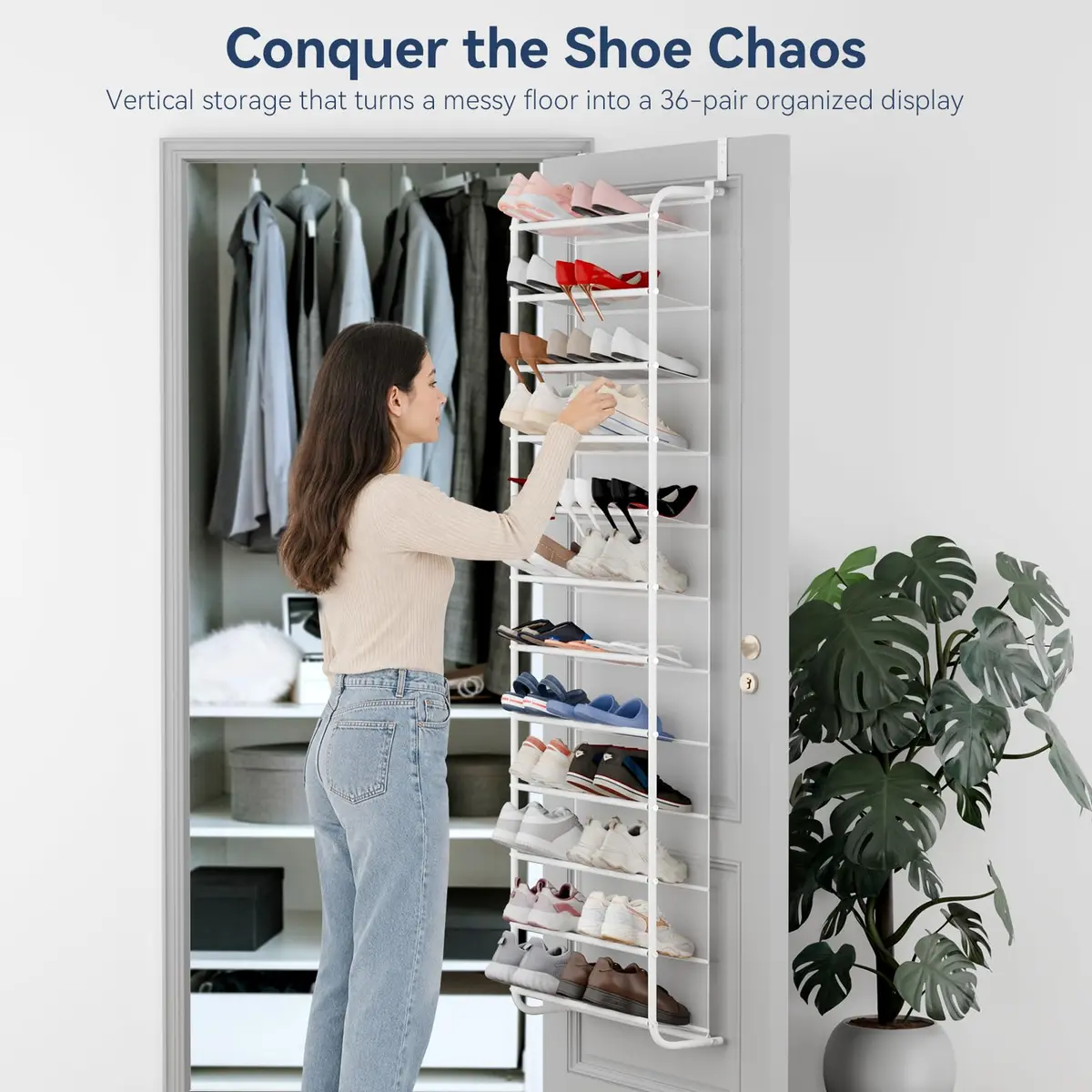 Whitmor 12-Tier Over The Door Shoe Organizer, 74" H x 21.7" W x 7.5" D | Holds 36 Pairs, Metal & Mesh Shoe Rack - view 3