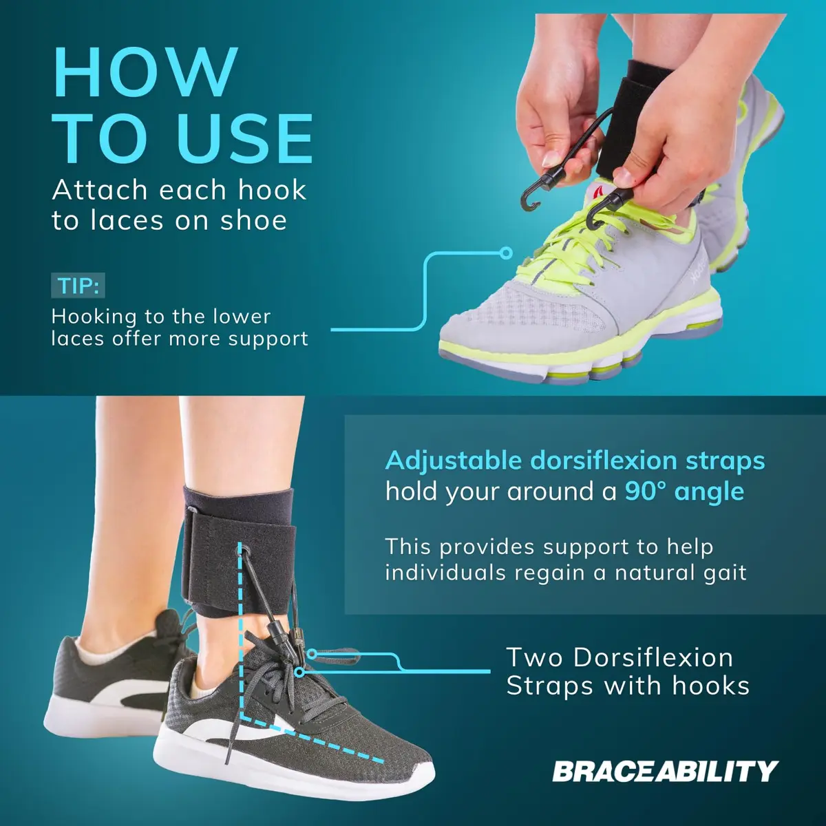 BraceAbility AFO Foot Drop Brace - Adjustable Soft Ankle Foot Orthosis for Men & Women, Walking with Shoes, Toe Lifter Support, Dorsiflexion Assist, Fits Left/Right (S/M) - view 4