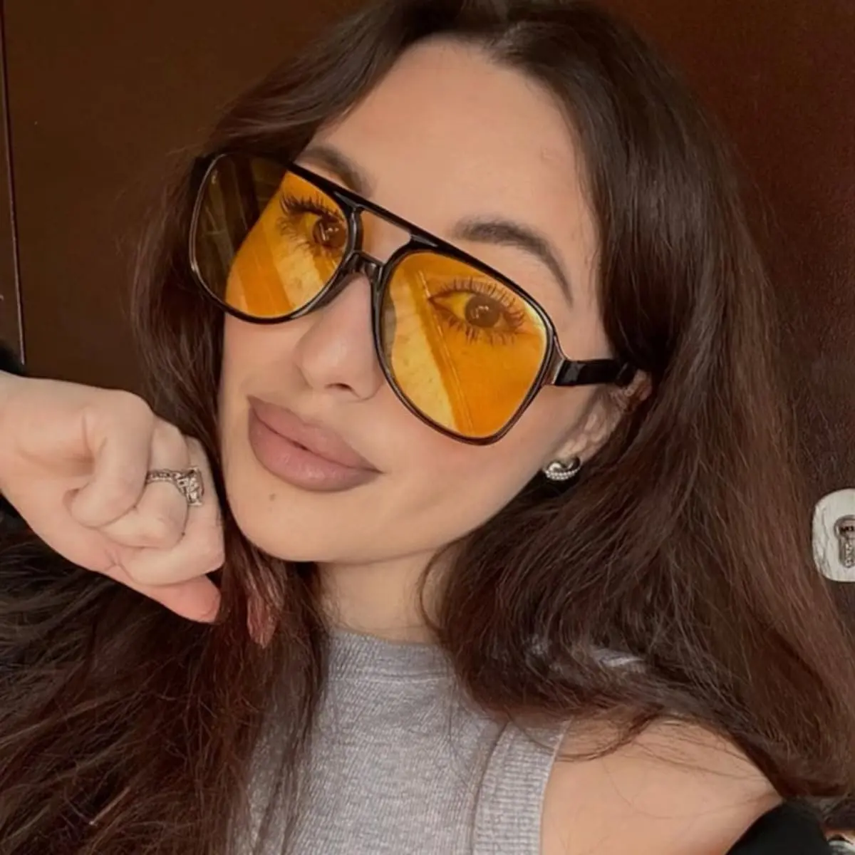 IKUVNA Vintage Aviator Sunglasses for Women Men 70s Glasses Oversized Yellow Lens Shades (Black) | Retro Style UV400 - view 6
