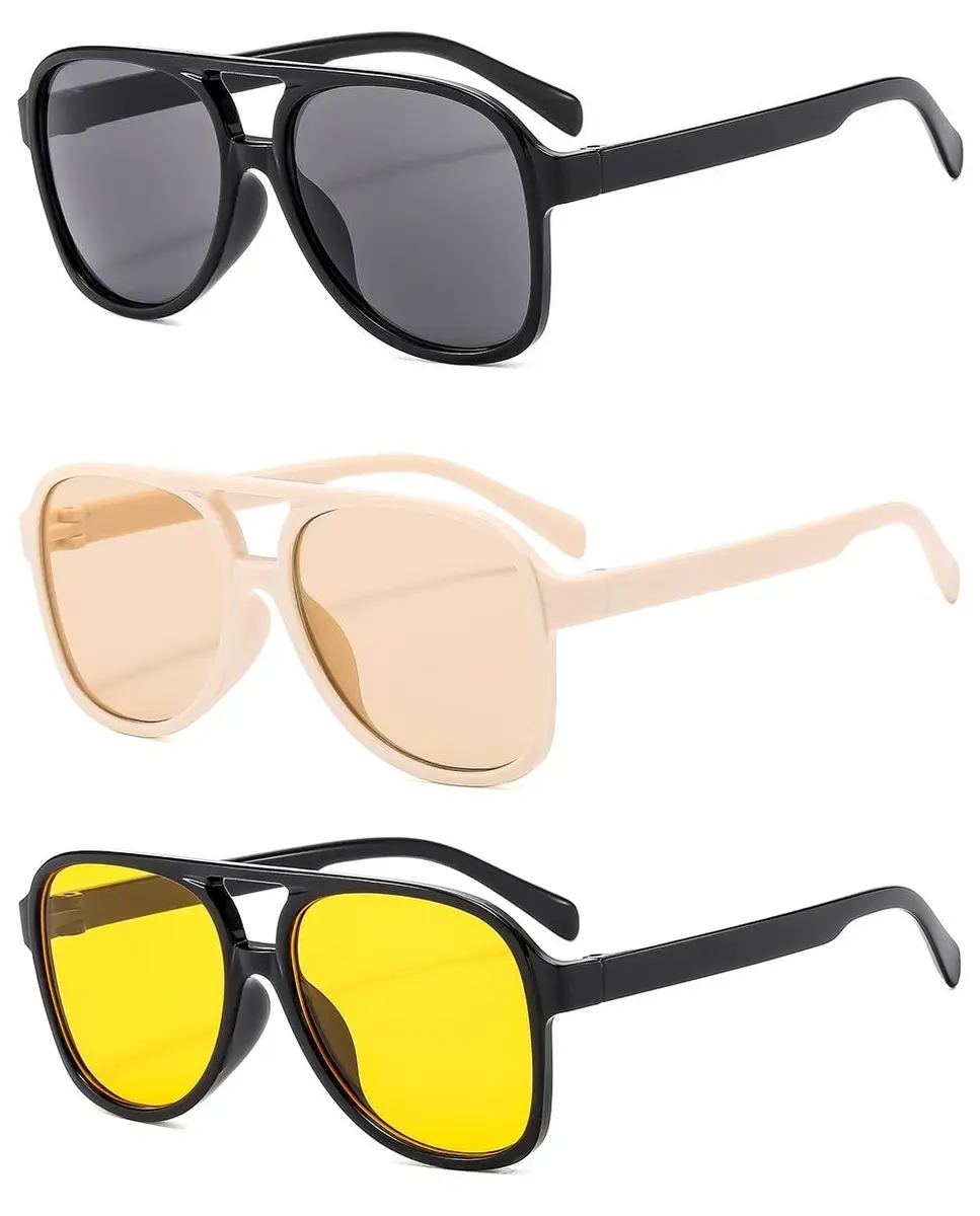 IKUVNA Vintage Aviator Sunglasses for Women Men 70s Glasses Oversized Yellow Lens Shades (Black) | Retro Style UV400 - main product image