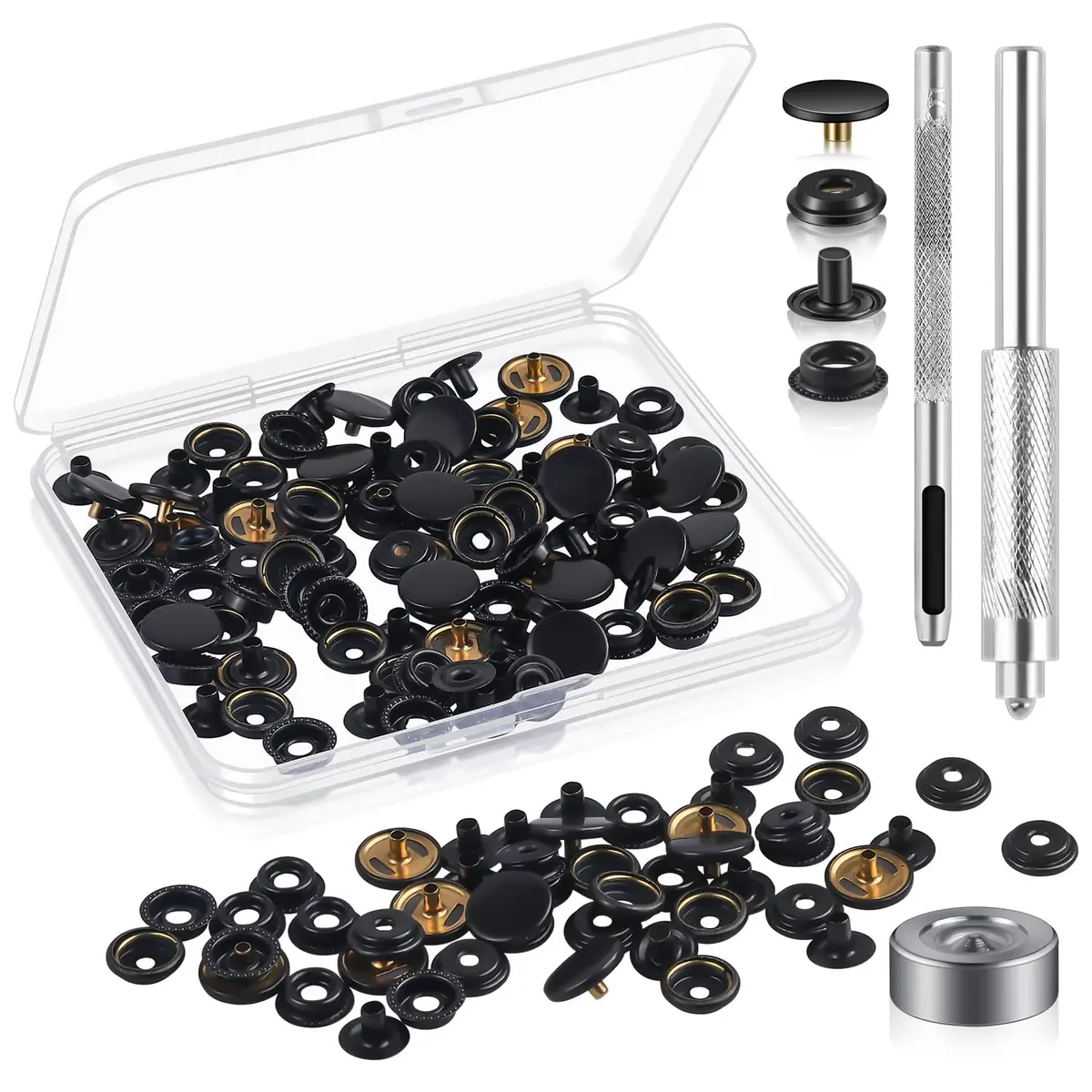 Moocci Black Snap Fastener Kit Tool with 3 Fixing Tools, 50 Sets (200 Pieces) | Marine Grade Stainless Steel Snaps for Leather, Canvas, Clothes - main product image
