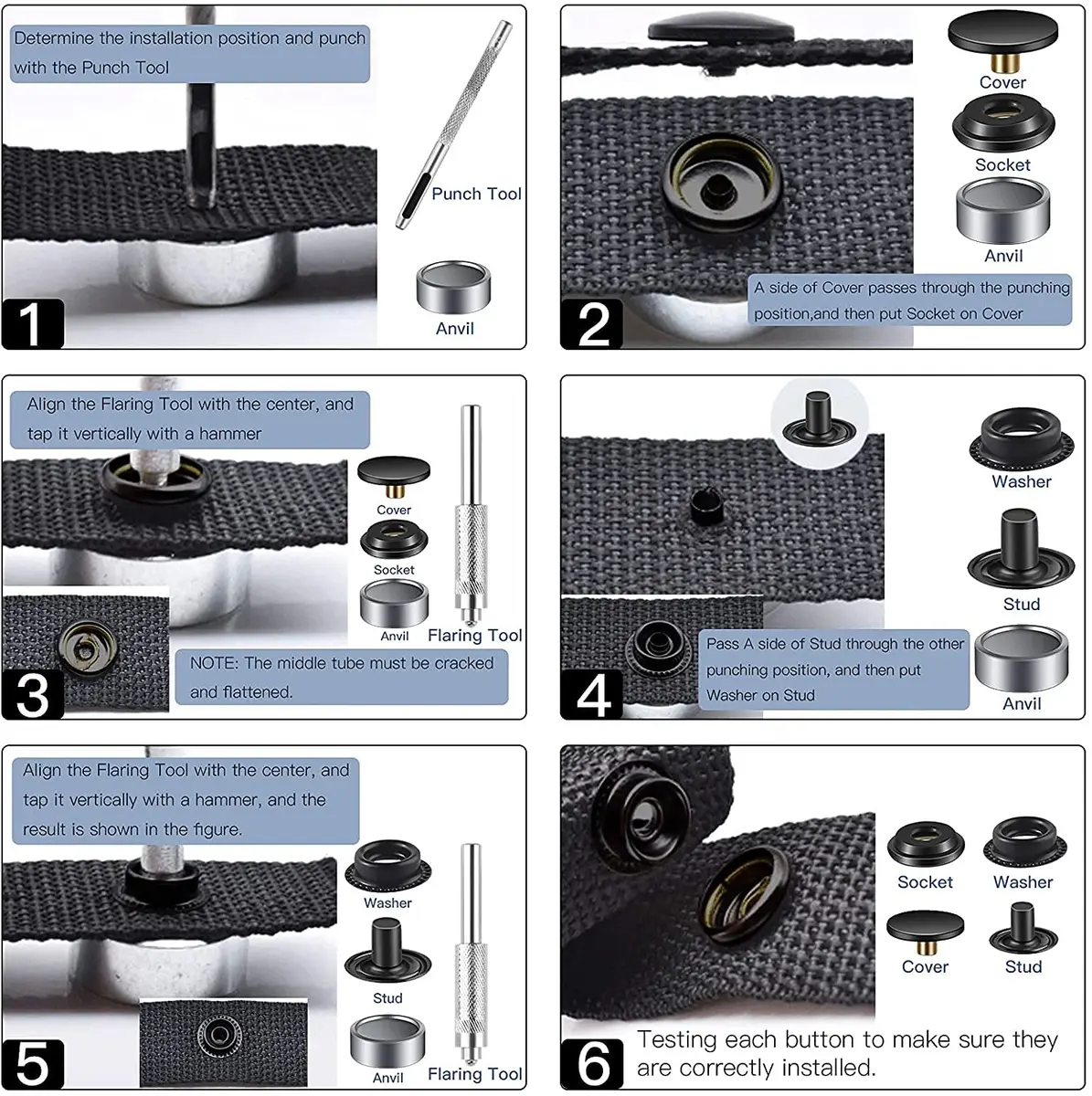 Moocci Black Snap Fastener Kit Tool with 3 Fixing Tools, 50 Sets (200 Pieces) | Marine Grade Stainless Steel Snaps for Leather, Canvas, Clothes - view 5