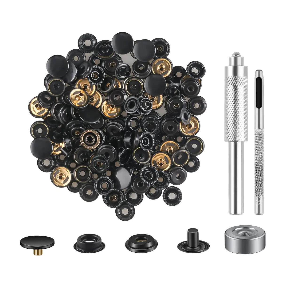 Moocci Black Snap Fastener Kit Tool with 3 Fixing Tools, 50 Sets (200 Pieces) | Marine Grade Stainless Steel Snaps for Leather, Canvas, Clothes - view 8