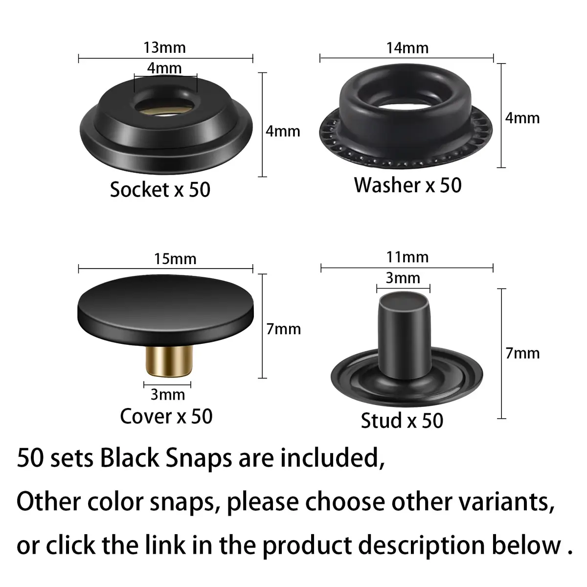 Moocci Black Snap Fastener Kit Tool with 3 Fixing Tools, 50 Sets (200 Pieces) | Marine Grade Stainless Steel Snaps for Leather, Canvas, Clothes - view 2