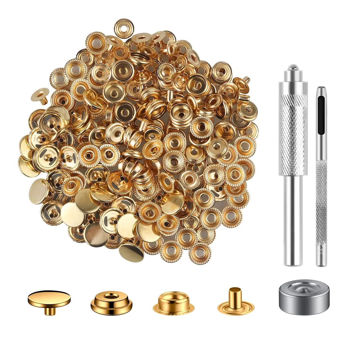 Moocci Gold Snap Fastener Kit with Tools, 15mm (0.59 Inch) Stainless Steel Snaps - 50 Sets | Heavy Duty for Leather & Fabric - main product image