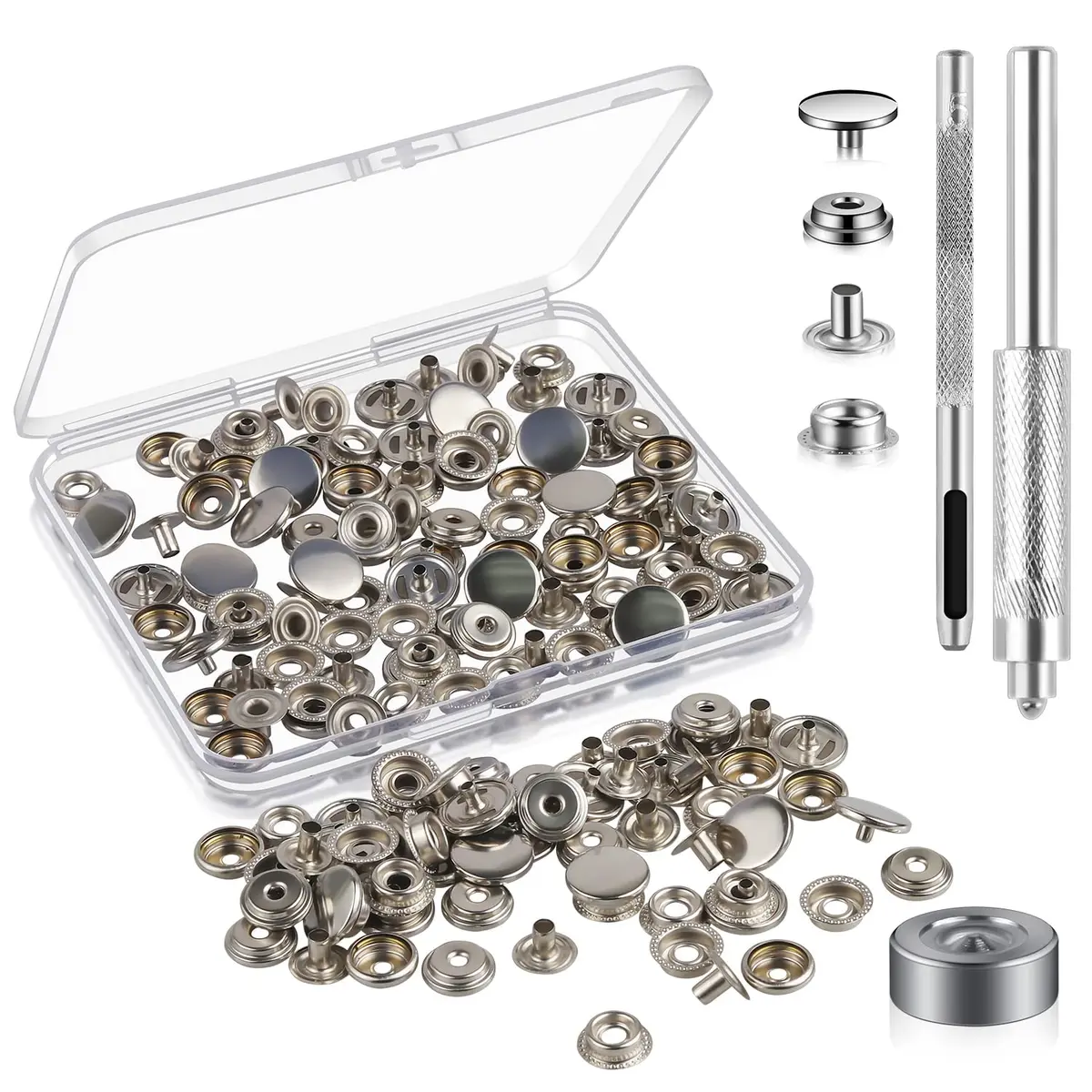 Moocci Snap Fastener Kit, 50 Sets, Marine Grade Stainless Steel, Silver | Durable, Easy to Install, Suitable for Fabric & Leather - main product image