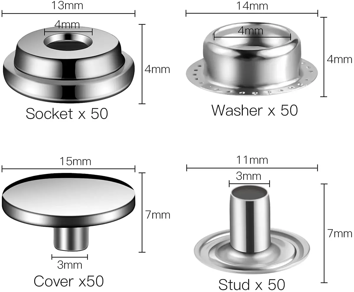 Moocci Snap Fastener Kit, 50 Sets, Marine Grade Stainless Steel, Silver | Durable, Easy to Install, Suitable for Fabric & Leather - view 2