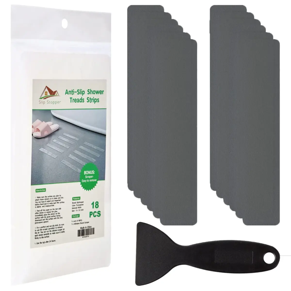 SlipStopper Non Slip Bathtub Strips 18 PCS | 20.3 x 4.1 cm (8 x 1.6 Inch) Grey - main product image