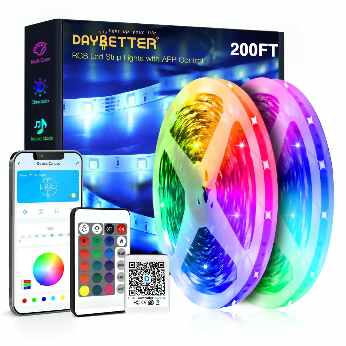 DAYBETTER 200 ft RGB LED Strip Lights | App Voice Control, Music Sync, Color Changing for Bedroom & Party - main product image
