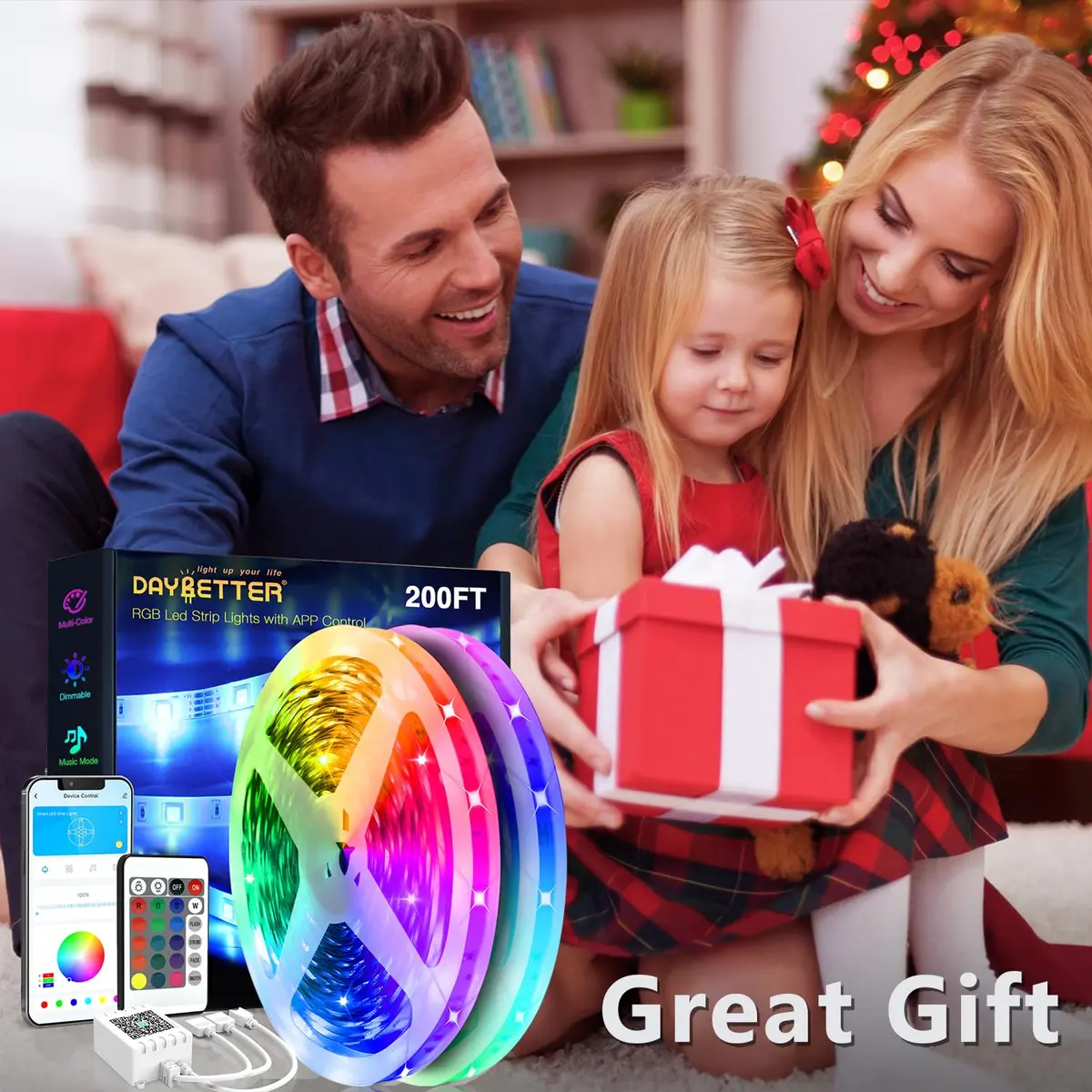 DAYBETTER 200 ft RGB LED Strip Lights | App Voice Control, Music Sync, Color Changing for Bedroom & Party - view 2